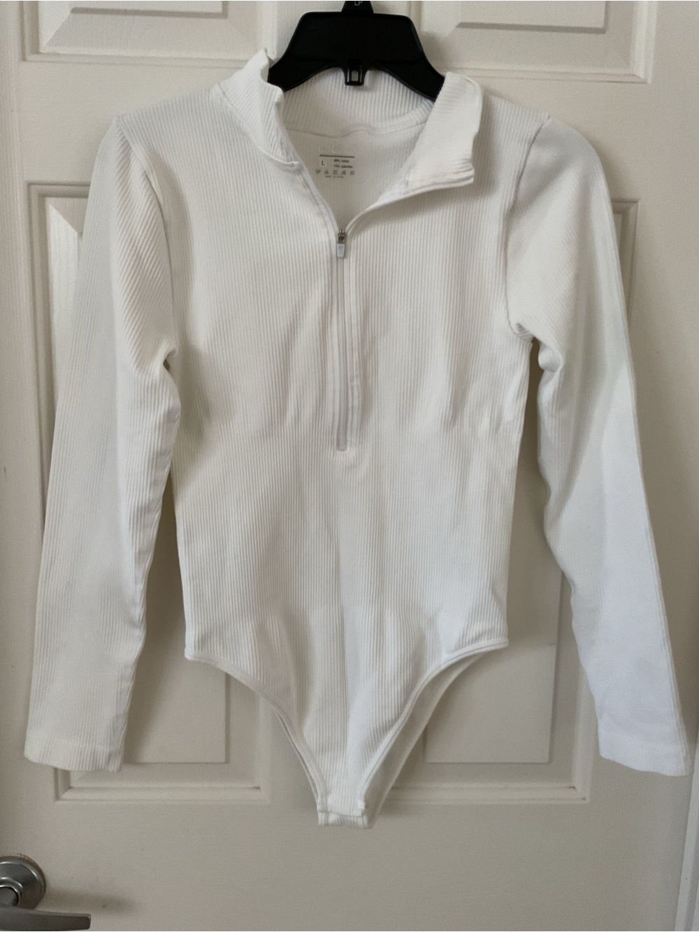 White Ribbed Long-Sleeve Zip Front Bodysuit - Picture 5 of 6